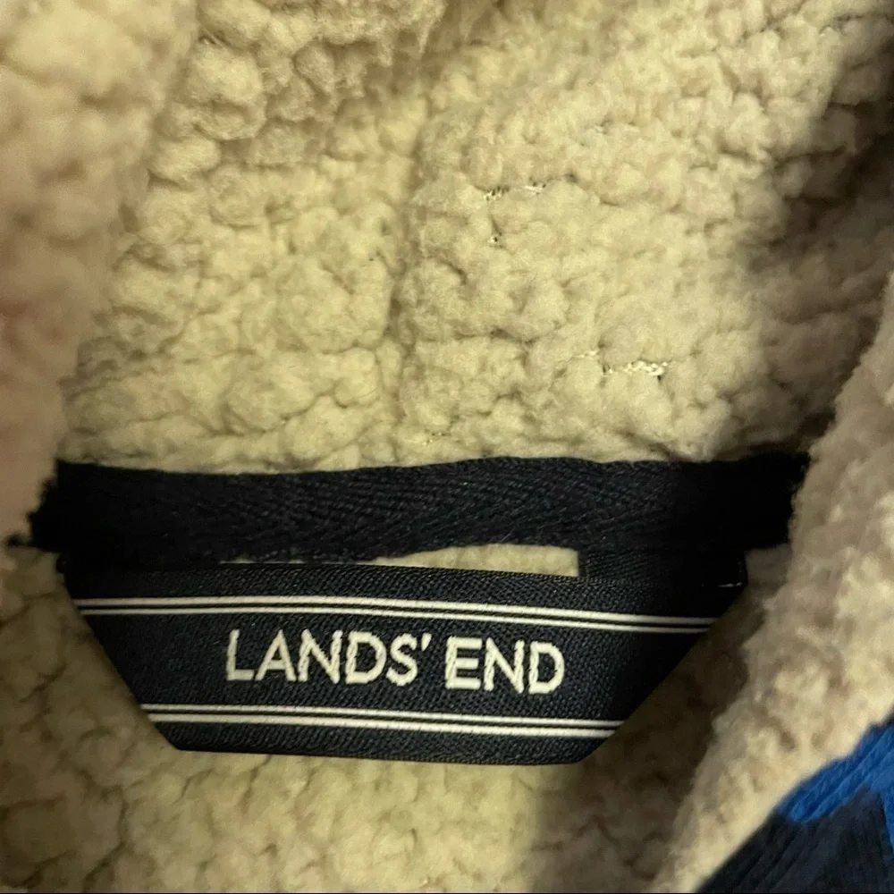Lands’ End Sherpa jacket zip hoodie youth L blue black geometric ikat pattern